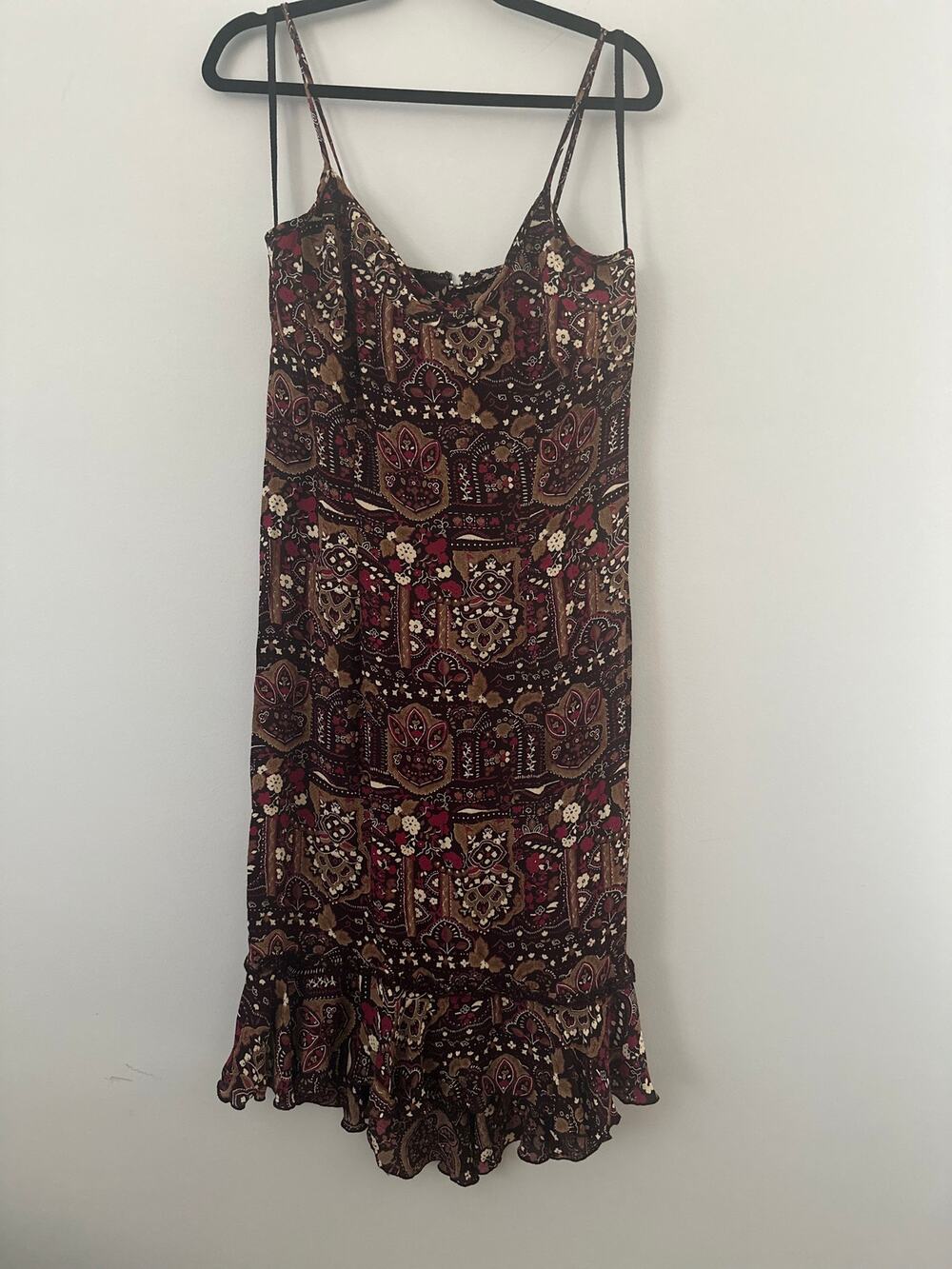 Scarlett Paisley Slip Mini Dress Womens Size 5/6 Brown Red Boho Ruffle Casual